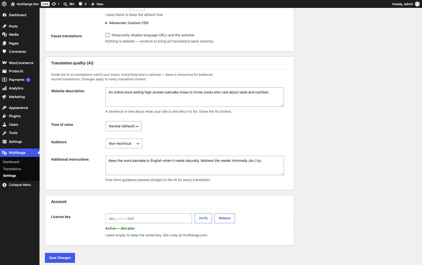 Multilanga AI translation quality settings in wp-admin